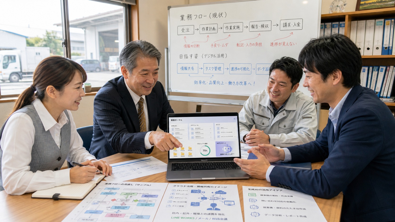 中小企業の経営者、事務担当者、現場責任者、IT支援者がノートPCと資料を見ながら業務改善について打ち合わせをしている様子