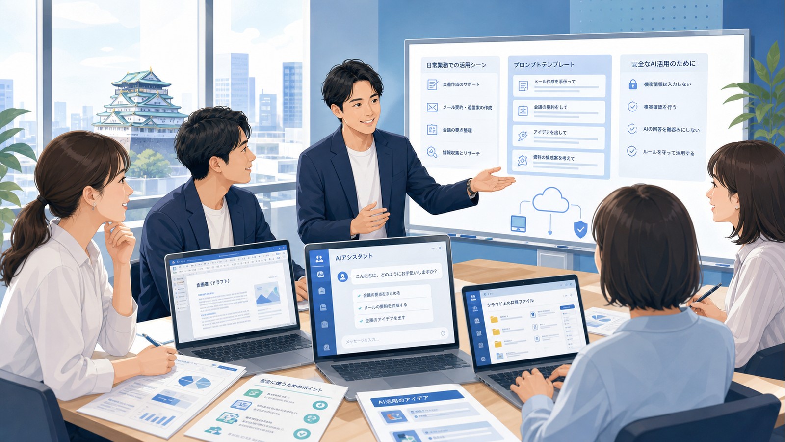 生成AI活用による業務改善の成果と次の実践講座を確認しているイメージ