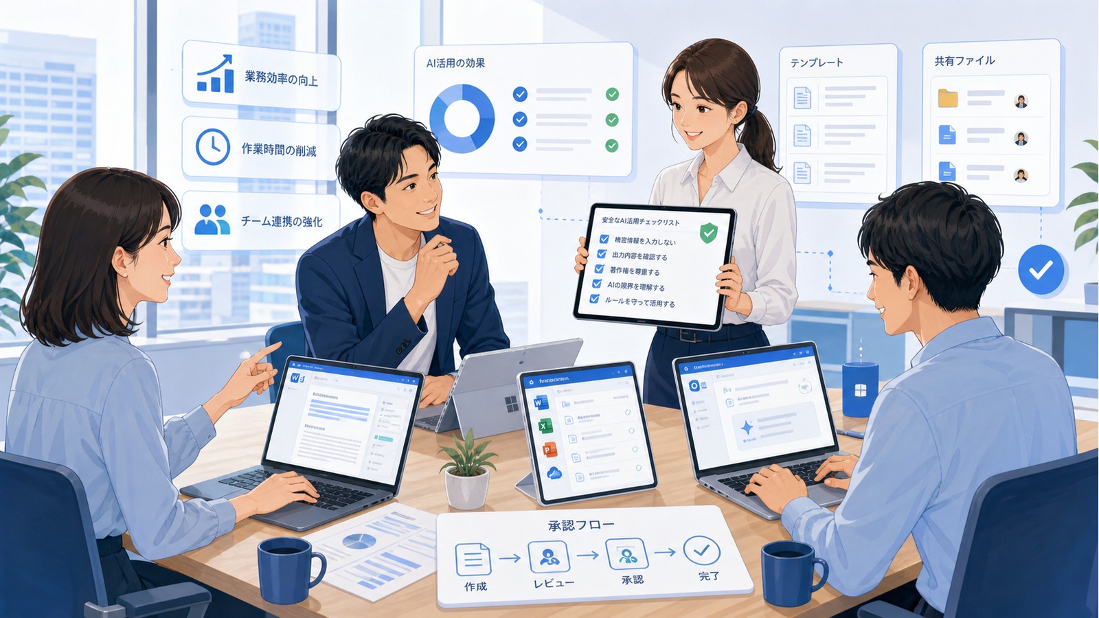 人材派遣業の企業で、社員とIT支援者がMicrosoft 365と生成AI活用について相談しているイメージ
